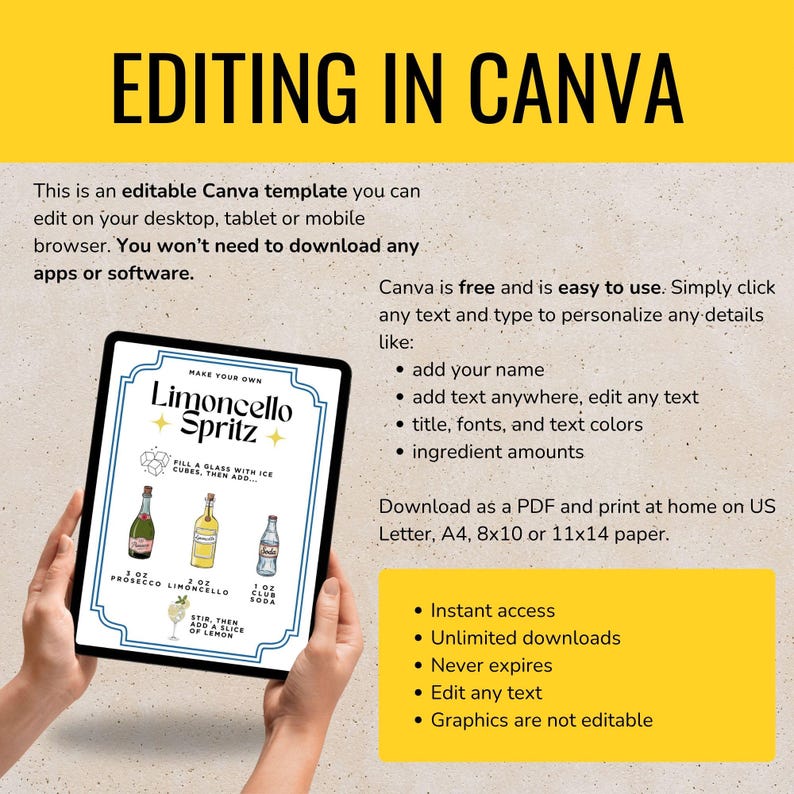 May include: A digital Canva template for a Limoncello Spritz recipe, displayed on a tablet. The image includes instructions, ingredient amounts, and a list of features. The text reads "Editing in Canva" at the top.