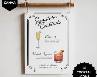 Signature Drink Bar Sign Wedding Template, Editable Drink Menu, His and Her Cocktail Sign Printable, French 75 Negroni Watercolor Drink Menu
