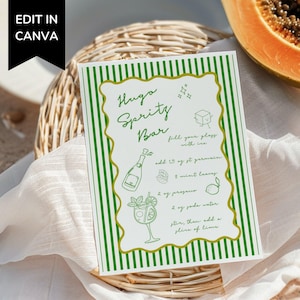 Modello di ricetta per lo Spritz Hugo, crea il tuo cartello da bar stampabile per la stazione Spritz, biglietto da cocktail modificabile per un carrello delle bevande, cena all'italiana