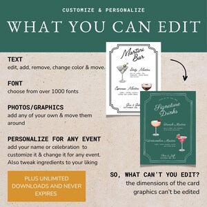 Puede incluir: Una plantilla imprimible y personalizable para un men&uacute; de bebidas de autor. La plantilla presenta un fondo verde con texto blanco e ilustraciones de c&oacute;cteles. El texto incluye "Signature Drinks", "French Martini", "Watermelon Martini" y "Gora & Gab, 2 de septiembre".