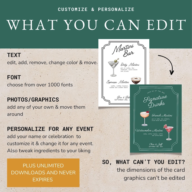 Puede incluir: Una plantilla imprimible y personalizable para un men&uacute; de bebidas de autor. La plantilla presenta un fondo verde con texto blanco e ilustraciones de c&oacute;cteles. El texto incluye "Signature Drinks", "French Martini", "Watermelon Martini" y "Gora & Gab, 2 de septiembre".