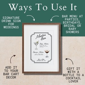 Puede incluir: Un cartel imprimible para un bar de martini con un marco de madera marr&oacute;n. El cartel presenta un t&iacute;tulo que dice "Martini Bar" y dos ilustraciones de c&oacute;cteles martini con sus recetas: "Dirty Martini" y "Espresso Martini". El cartel tambi&eacute;n incluye los nombres "Gina & Jake" y la fecha "2 de septiembre de 2024".