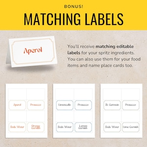 May include: Image features matching labels for spritz ingredients. The labels are white with decorative borders and text such as "Aperol", "Prosecco", "Soda Water", and "Orange Garnish". The text "MATCHING LABELS" is in bold, black font.