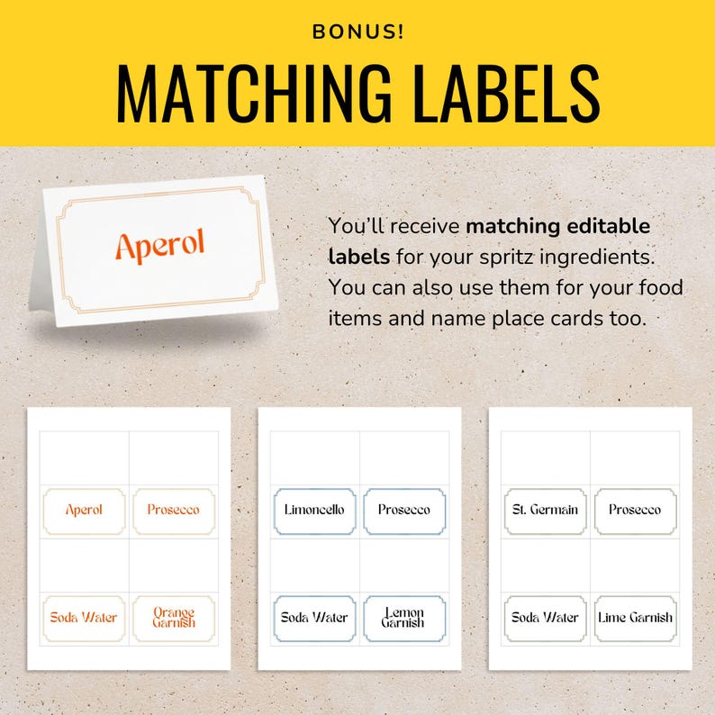 May include: Image features matching labels for spritz ingredients. The labels are white with decorative borders and text such as "Aperol", "Prosecco", "Soda Water", and "Orange Garnish". The text "MATCHING LABELS" is in bold, black font.