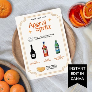 Signature Drink Aperol Spritz Rezeptkarte, bearbeitbar Machen Sie Ihr eigenes Cocktailschild, Trinkkarte druckbar, DIY Spritz Station Schild, Amalficore