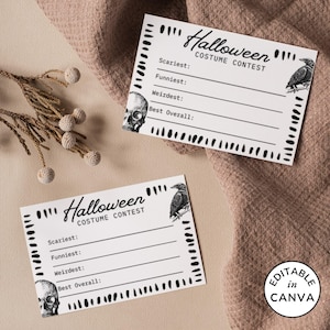Bearbeitbare Halloween-Kostümentwurf Stimmzettel Vorlage, Raven Kostüm Abstimmkarten druckbar, Beste Kostüm Abstimmung, Gothic Halloween Party Spiele