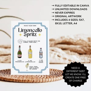 May include: A white sign with a blue border features a Limoncello Spritz recipe. The recipe includes prosecco, limoncello, and club soda. Text on the sign says "FULLY EDITABLE IN CANVA" and "INCLUDES 4 SIZES: 5X7, 8X10, LETTER, A4".