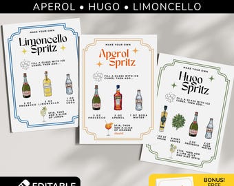 Spritz Bar Sign Italian Summer Party Decor, Editable Aperol Spritz Bar Menu, Hugo Spritz Drink Sign, Limoncello Spritz Recipe Card Printable