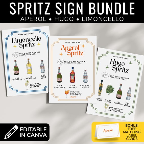Spritz Bar Sign Italian Summer Party Decor, Editable Aperol Spritz Bar Menu, Hugo Spritz Drink Sign, Limoncello Spritz Recipe Card Printable