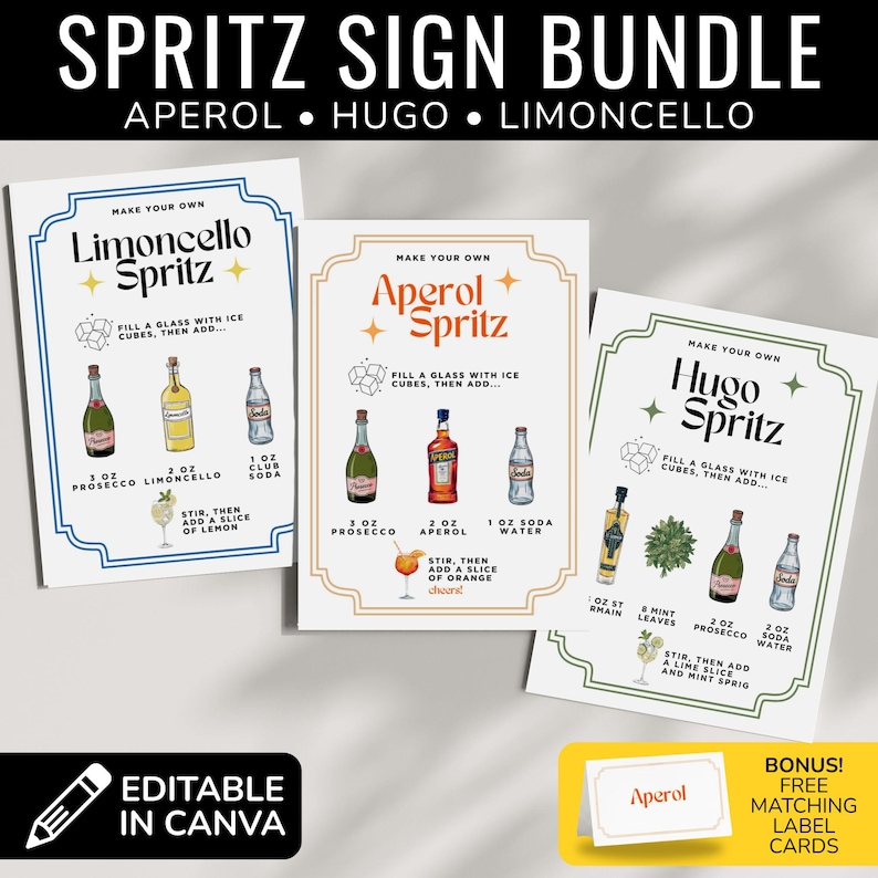 May include: A bundle of three Spritz recipe signs with Aperol, Hugo, and Limoncello variations. Each sign features a decorative border, ingredient illustrations, and instructions. Includes a bonus Aperol label card. Editable in Canva.