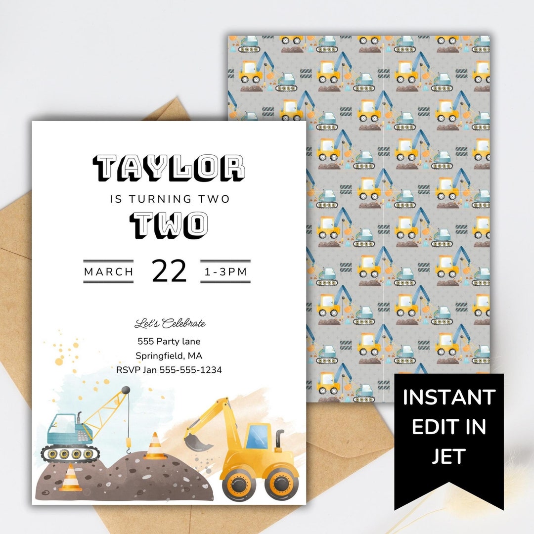 Digger Birthday Invitation Template, Editable Construction Vehicle ...