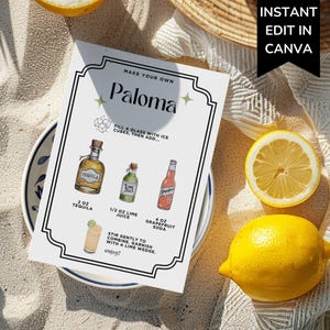 Modello cartello per drink Paloma, menu cocktail modificabile, menu bar personalizzabile stampabile, ricetta cocktail fai da te, idea regalo per amanti della tequila