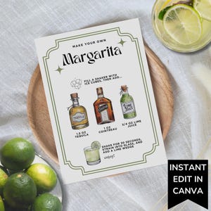 Modelo de cartão de receita de margarita, placa de coquetel faça você mesmo para impressão, placa de bar para bar em casa, menu de bar para chá de bebê, bebida exclusiva em aquarela