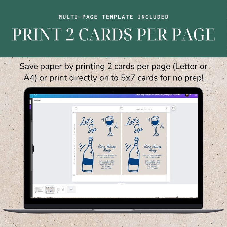 May include: A digital design template for a wine tasting party invitation. The template features a wine glass, a bottle of wine, and the text "Let's Sip" in a blue and white color scheme. The text "Wine Tasting Party" is also included, along with details about the event, such as the date, time, and location.