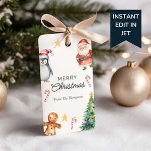 Etiquetas de presente festivas para impressão, etiquetas de presente de Natal editáveis, presente de Papai Noel, alegria de feriado DIY personalizada, para crianças de professores de família