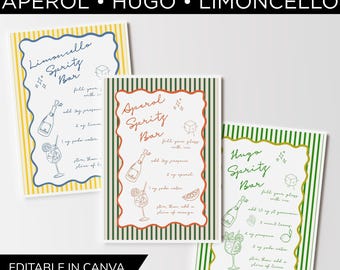 May include: Three spritz recipe cards for Aperol, Hugo, and Limoncello cocktails. Each card features a unique color scheme and decorative border. The cards include instructions and illustrations for each drink. The text "Editable in Canva includes 4 sizes" is also visible.