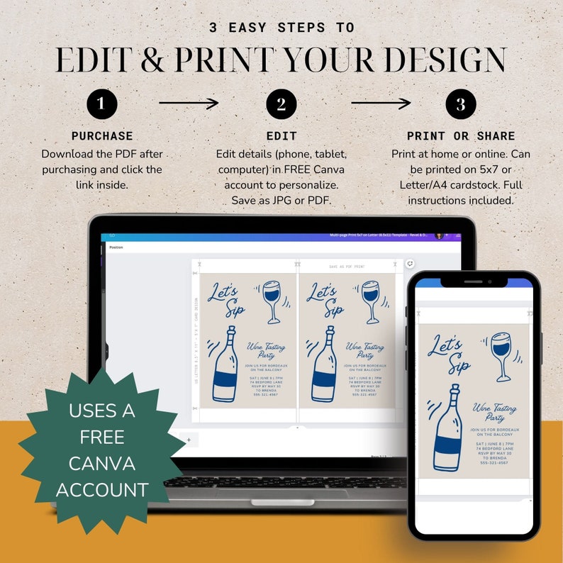 May include: Editable wine tasting party invitation template displayed on a laptop and smartphone. The template features a blue and white illustration of a wine bottle and glass with the text "Let's Sip" and "Wine Tasting Party".