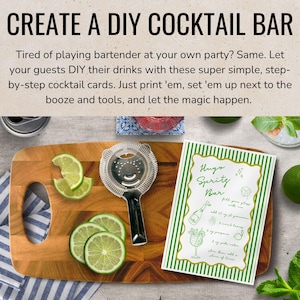 May include: A green and white printable cocktail card with the title "Hugo Sprity Bar" and instructions for making the drink. The card is on a wooden cutting board with limes and a cocktail muddler.