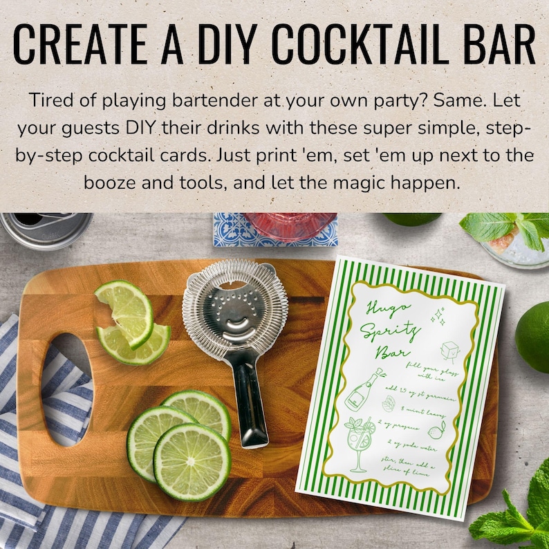 May include: A green and white printable cocktail card with the title "Hugo Sprity Bar" and instructions for making the drink. The card is on a wooden cutting board with limes and a cocktail muddler.
