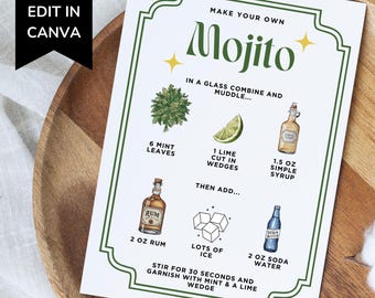 Mojito Cocktail Recipe Printable, Customizable Bar Menu Template, Signature Drink Sign, Stock the Bar Gift for Drinker, Editable Bar Sign