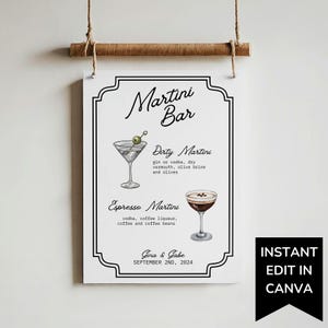 Modèle de menu de bar à martini, aquarelle de boisson signature martini sale, carte de boissons modifiable, enseigne de bar à martini expresso pour bar à cocktails de mariage