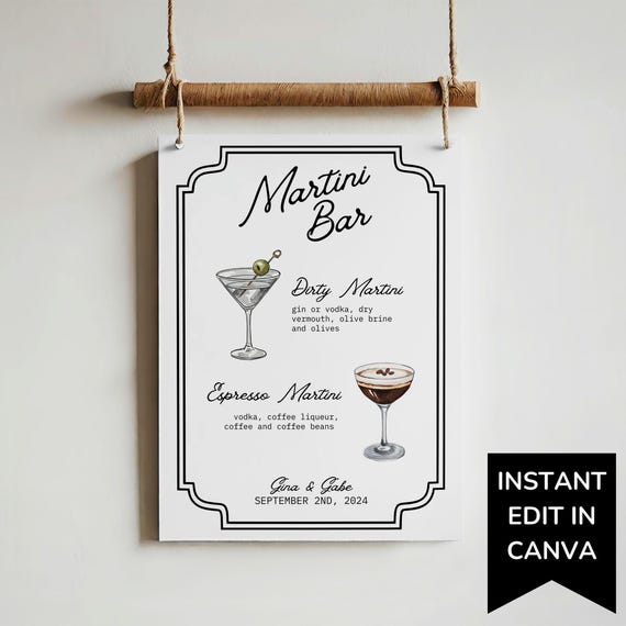 Martini Bar Menu Template, Dirty Martini Signature Drink Watercolor, Editable Drink Menu, Espresso Martini Bar Sign for Wedding Cocktail Bar