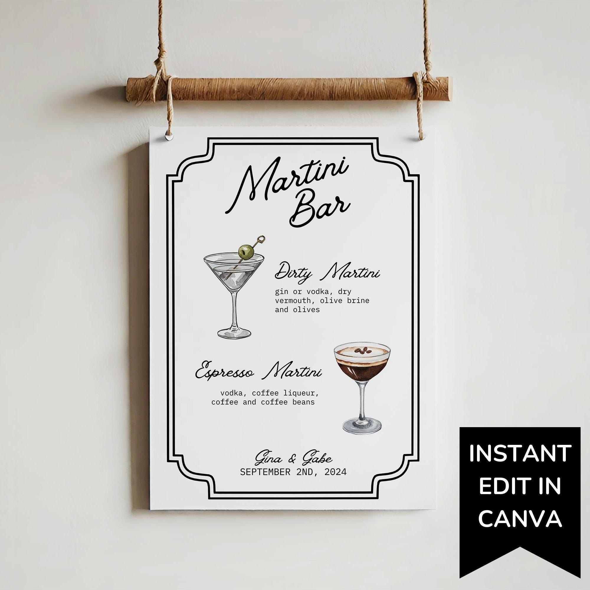 Martini Bar Menu Template, Dirty Martini Signature Drink Watercolor, Editable Drink Menu, Espresso Martini Bar Sign for Wedding Cocktail Bar