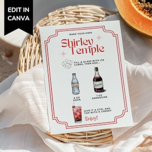 Modelo de placa para bar Shirley Temple, placa para estação de bebidas para festa de formatura, receita de coquetel sem álcool para impressão, cardápio de bar editável pela Canva, chá de bebê