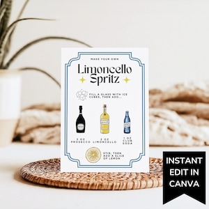Tarjeta de receta de Limoncello Spritz, plantilla de letrero de barra Spritz, tarjeta de menú de cócteles editable, estación DIY Spritz stock the Bar Gift, despedida de soltera