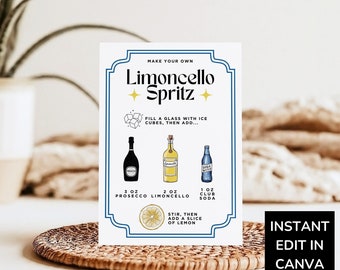 Limoncello Spritz Recipe Card, Spritz Bar Sign Template, Editable Cocktail Menu Card, DIY Spritz Station Stock the Bar Gift, Bridal Shower