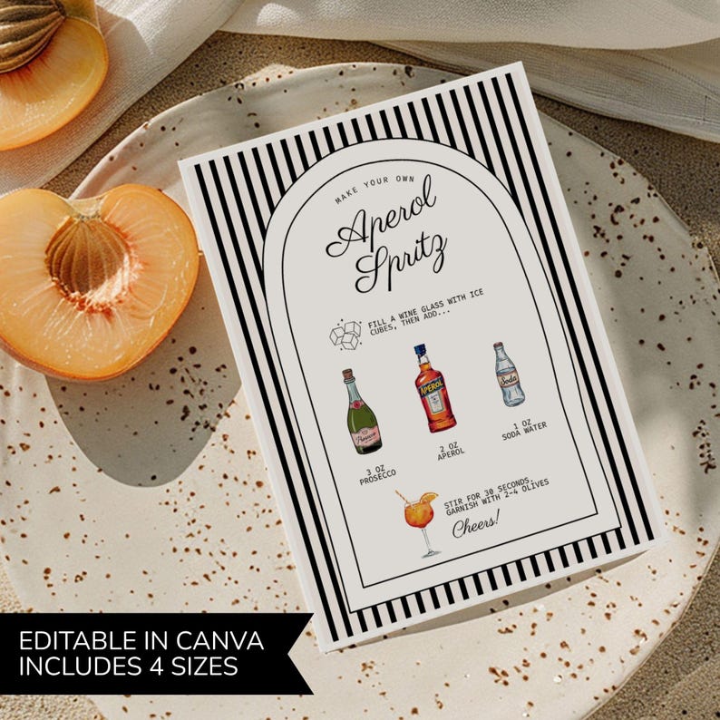 Aperol Spritz Recipe Card Template, Editable Spritz Station Sign Printable, DIY Spritz Bar Drink ...