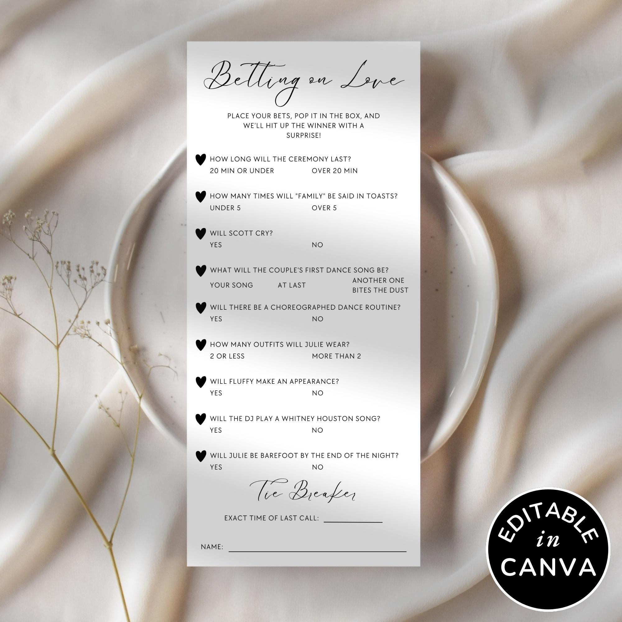 Place Your Bet Wedding Prop Bet Template, Reception Game for Guests Printable, Wedding Bet Card Cocktail Hour Game for Table, Activity Adult