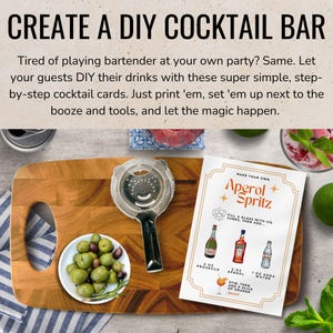 May include: A wooden cutting board with a cocktail strainer, a small plate of olives, and a recipe card for an Aperol Spritz. The card includes instructions and illustrations of the ingredients: Prosecco, Aperol, and soda water.