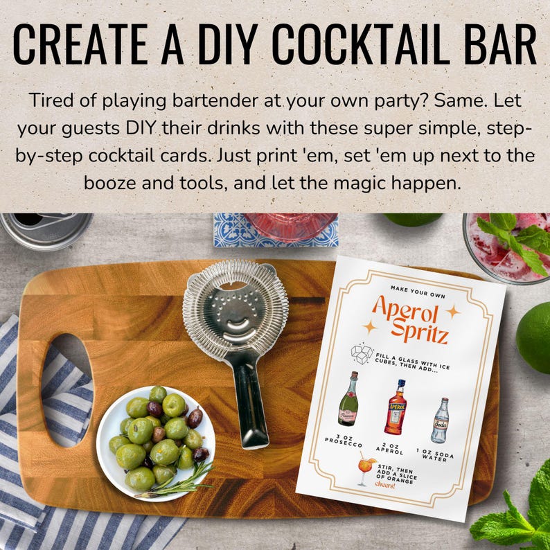 May include: A wooden cutting board with a cocktail strainer, a small plate of olives, and a recipe card for an Aperol Spritz. The card includes instructions and illustrations of the ingredients: Prosecco, Aperol, and soda water.