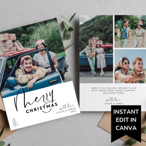 Kunstzinnige kerstkaartsjabloon, bewerkbare Canva vakantie fotocollage, fotoportret 5x7 aanpasbare briefkaart, familiejaaroverzicht