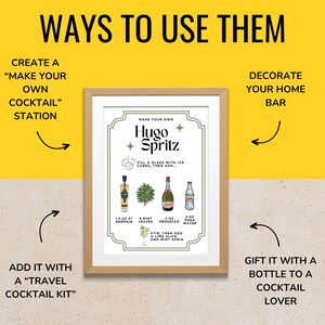 May include: A framed print with the text "Ways to Use Them" and "Hugo Spritz" recipe. The recipe includes ingredients like St Germain, mint leaves, Prosecco, and soda water. The print suggests uses such as creating a cocktail station or gifting to a cocktail lover.