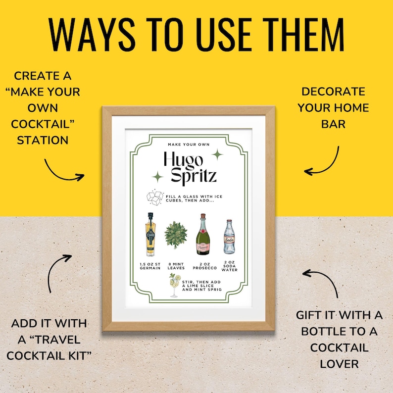 May include: A framed print with the text "Ways to Use Them" and "Hugo Spritz" recipe. The recipe includes ingredients like St Germain, mint leaves, Prosecco, and soda water. The print suggests uses such as creating a cocktail station or gifting to a cocktail lover.