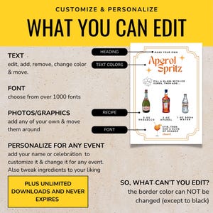 May include: A customizable digital print with the text "WHAT YOU CAN EDIT" and an Aperol Spritz recipe. Features include text editing, font selection, photo/graphic additions, and event personalization. The border color cannot be changed.