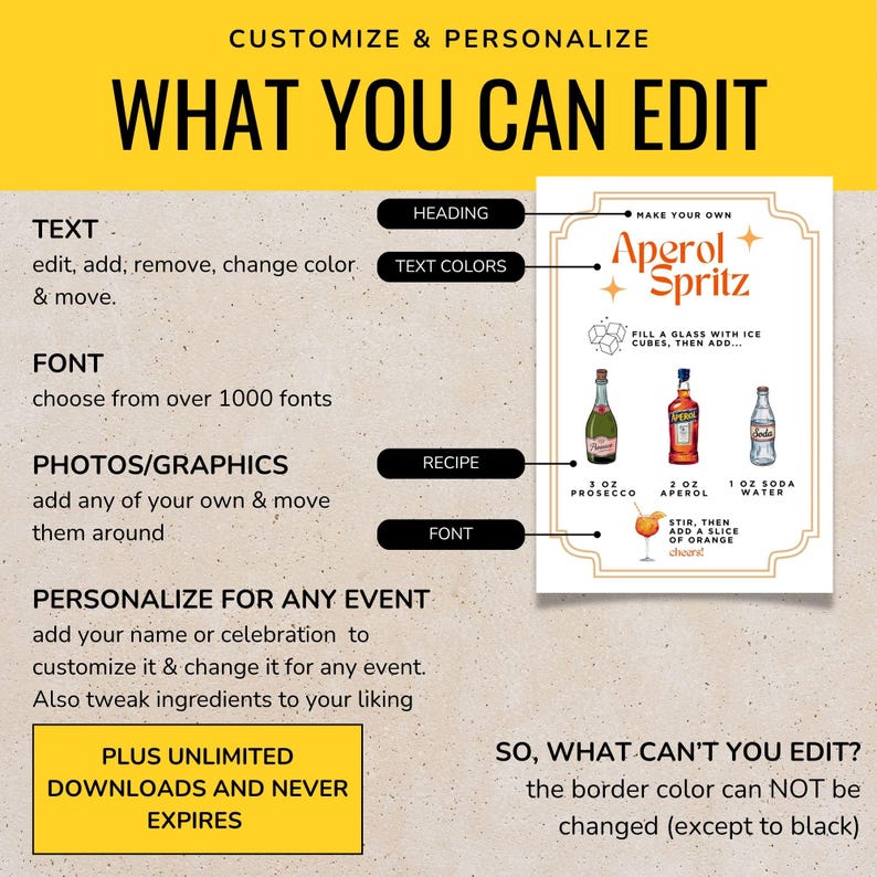 May include: A customizable digital print with the text "WHAT YOU CAN EDIT" and an Aperol Spritz recipe. Features include text editing, font selection, photo/graphic additions, and event personalization. The border color cannot be changed.