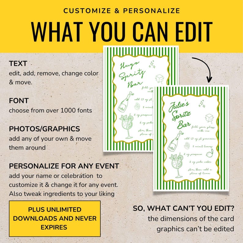May include: A customizable printable sign for a Spritz bar. The sign features a green and white striped background with a gold outline. The text on the sign reads "Hugo Spritz Bar" and includes a recipe for the drink. The sign is editable, allowing users to change the text, font, and add photos or graphics.