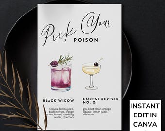 Pick Your Poison Halloween Signature Drink Sign Template, Editable Halloween Wedding Bar Menu, Watercolor Gothic Party Cocktail Card Digital