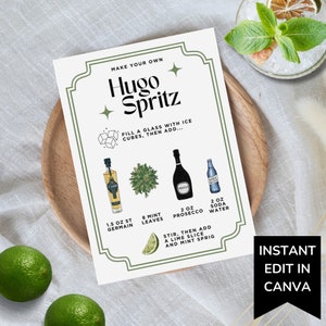 Hugo Spritz Bar Schild Vorlage, Spritz Station DIY Cocktail Schild zum Ausdrucken, Erstellen Ihrer eigenen Cocktailrezeptkarte, bearbeitbare Getränkemenüparty