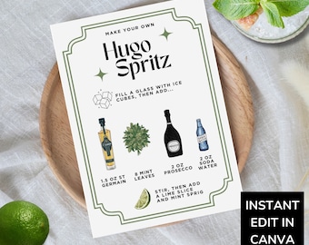 Hugo Spritz Bar Sign Template, Spritz Station DIY Cocktail Sign Printable, Make Your Own Cocktail Recipe Card, Editable Drink Menu Party