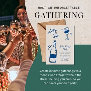 May include: A light brown invitation card with a hand-drawn illustration of a wine bottle and glass. The text on the card reads "Let's Sip Wine Tasting Party" and includes details about the event, such as the date, time, location, and RSVP information.