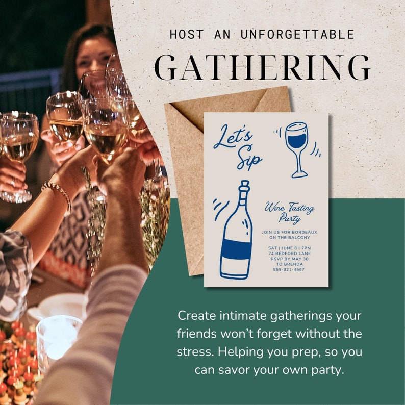 May include: A light brown invitation card with a hand-drawn illustration of a wine bottle and glass. The text on the card reads "Let's Sip Wine Tasting Party" and includes details about the event, such as the date, time, location, and RSVP information.