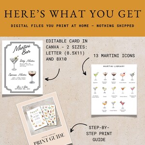Puede incluir: Archivos digitales imprimibles para una fiesta de bar de martini. Incluye una tarjeta editable en Canva en dos tama&ntilde;os, 8,5x11 pulgadas y 8x10 pulgadas, y 13 iconos de martini. Tambi&eacute;n incluye una gu&iacute;a de impresi&oacute;n paso a paso.