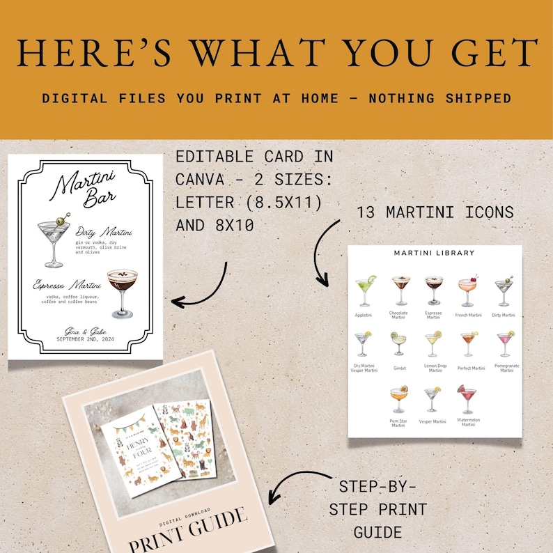 Puede incluir: Archivos digitales imprimibles para una fiesta de bar de martini. Incluye una tarjeta editable en Canva en dos tama&ntilde;os, 8,5x11 pulgadas y 8x10 pulgadas, y 13 iconos de martini. Tambi&eacute;n incluye una gu&iacute;a de impresi&oacute;n paso a paso.