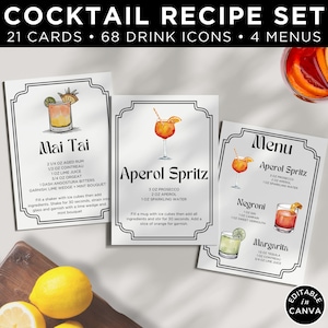 Set di ricette per cocktail modificabili, modello di ricetta per drink, cocktail esclusivo acquerello per addio al nubilato, decorazione digitale per cocktail party