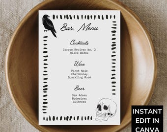 Gothic Halloween Party Menu Card Template, Halloween Bridal Shower Cocktail Sign, Editable Bar Sign for Home Bar, DIY Printable Drink Menu