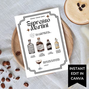 Signature Cocktail Espresso Martini Rezept Schild, bearbeitbare Cocktailmenükarte, Barzubehör für die Geschenkidee zu Hause, Cocktailrezeptvorlage